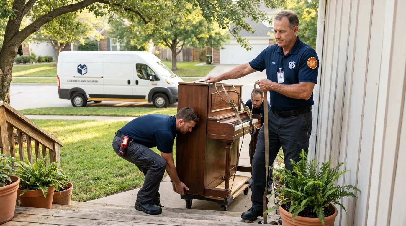 Licensed piano movers securing grand piano in Milan, MI