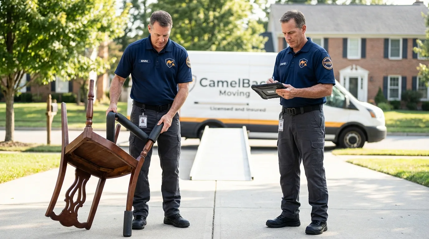 Movers inspecting furniture for damage prevention before loading in Milan, MI